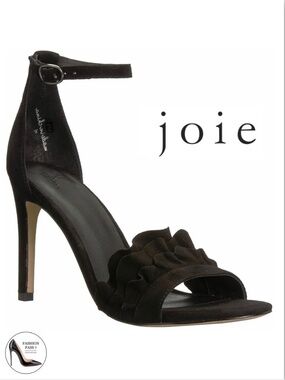 Joie Abigail Ruffled Black Suede Stiletto Heel Ankle strap Sandal Designer Pumps